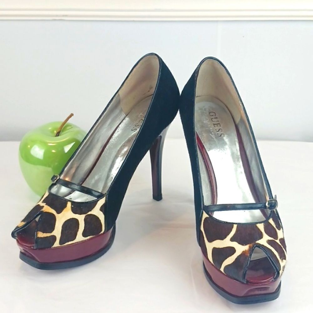 GUESS by Marciano hair on hide animal print peep toe black suede heel size 8.5